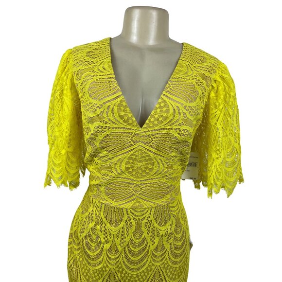 Dress the Population Womens Yellow Lace Midi Dress With Flutter Sleeves Sz L-New - Picture 4 of 11